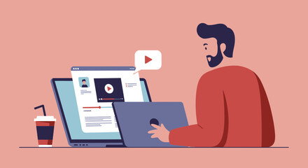Illustration of a man using laptop with video streaming interface, accompanied by drink, concept for online learning content, digital entertainment and freelance work productivity