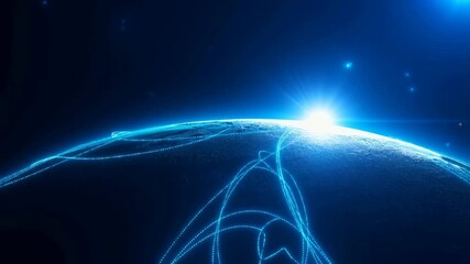 Wall Mural - Surreal blue planet with glowing lines in deep space