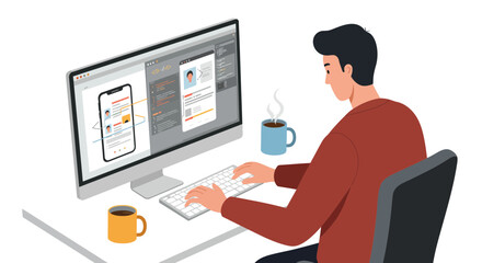 Illustration of a man designing UI on a computer with coffee mugs on the desk, focusing on user interface and experience development. Concept for application development, website design and digital