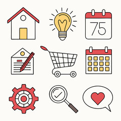A versatile collection of modern flat design icons with color accents for web, business, and user interface concepts