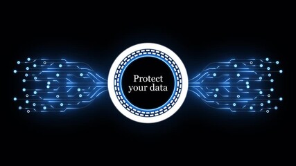 Glowing neon line HUD circle with Protect Your Data  circuit board and electronic details on dark backdrop with dotted halftone effect. Futuristic Circuit Board Circuit Footage,