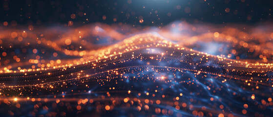 Wall Mural - Flowing stream of glowing digital particles across dark gradient space, futuristic abstract technology background, ultra-detailed 4K