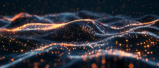 Wall Mural - Flowing stream of glowing digital particles across dark gradient space, futuristic abstract technology background, ultra-detailed 4K