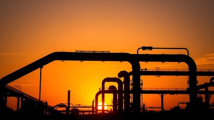 Abstract industrial silhouette against a sunset sky, featuring geometric pipe structures in artistic patterns.