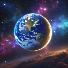 Wall Mural - Outer space illustration of Earth and Moon floating in cosmos with glowing atmospheric details and starlight