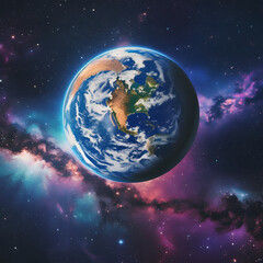 Wall Mural - Stunning space view of planet Earth and Moon surrounded by stars and deep galaxy nebula background