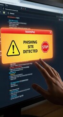 Woman hand touching a screen with a phishing site detected warning. Digital security concept to protect from online fraud and scam.