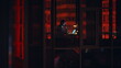 © stockbusters - Night businessman silhouette window working alone at night talking smartphone