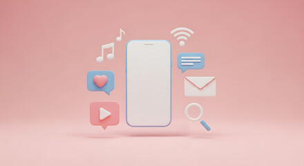 3 D smartphone with social media icons and music notes