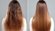© mila103 - A process showcasing the transformation of textured, curly hair into sleek, straight hair in a beauty studio. This hair makeover emphasizes the techniques used for styling.