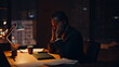 © stockbusters - Overworked businessman sitting night office closeup. Weary man massaging neck