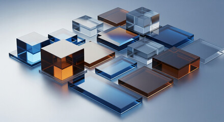 Abstract 3D background with a single array of transparent glass square plates. Minimalist iridescent blue and silver-brown gradient pattern. Futuristic digital technology banner with ample copy space