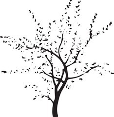 Artistic silhouette of a lush tree branching out with delicate leaves in autumn