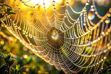 Dewdrops on a spider web glistening in morning sunlight