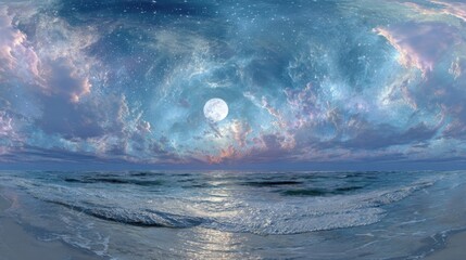Wall Mural - Waves crash softly on the sandy beach as colorful clouds fill the twilight sky. A bright moon illuminates the ocean, creating a serene and dreamy atmosphere.