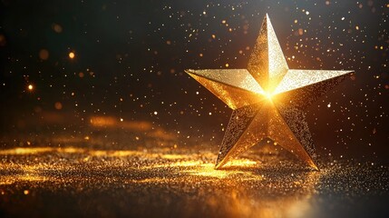 Wall Mural - a golden star with a glowing center, surrounded by glittering particles on a dark, reflective surfac