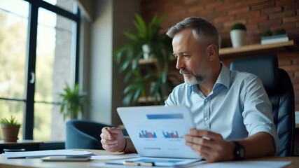 Busy middle aged professional business man using laptop computer reading document at work senior mature male manager executive working on laptop checking paper financial report in office copy space. c