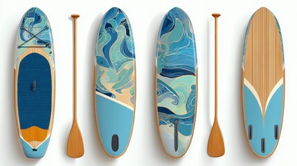 four decorated paddleboards and two paddles are arranged horizontally on a white surface