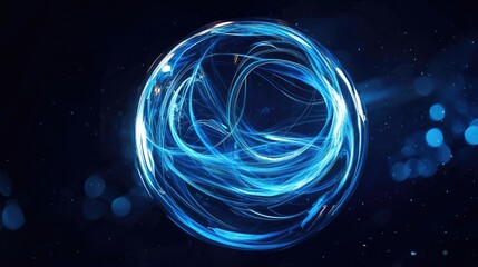 Wall Mural - a blue, glowing, abstract spherical form with intricate, flowing lines and a dark, starry background