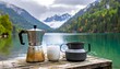 © Bapuq - Coffee maker by a lake with mountains
