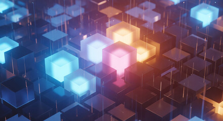 Futuristic 3D background of a holographic crystal matrix pattern. Luminous transparent glass blocks with a vibrant blue-brown iridescent gradient. Digital network and abstract technology wallpaper.