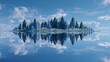© mila103 - A serene island is showcased with lush green trees, perfectly mirrored in the clear blue water, set against a bright sky with fluffy white clouds on a sunny day.