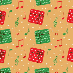 Wall Mural - Christmas seamless pattern.X'mas repeat pattern with red and green gift boxes and music notes isolated on yellow gold background.Winter vector graphic wallpaper.