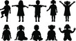 © Nahl - Children silhouettes set, black vector, standing and sitting, raised arms, open arms, pigtails, front and back view, playful pose, simple illustration