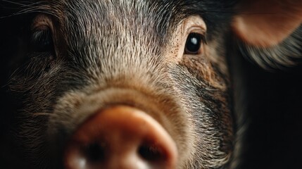close-up of a curious pig looking directly at the viewer with detailed textures and soft lighting in