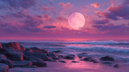 Wall Mural - Colorful twilight showcases a tranquil ocean with gentle waves lapping against a rocky shoreline. A full moon shines brightly in the pink-hued sky, creating a serene atmosphere.
