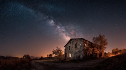 Wall Mural - A breathtaking view of the Milky Way lights up the night sky above an old, abandoned farmhouse surrounded by trees in a quiet rural area. The scene captures the tranquility of nature.