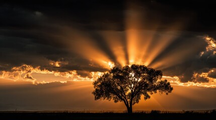 Wall Mural - Vibrant rays of sunlight beam through dark clouds, creating a stunning display behind a solitary tree during sunset. The atmospheric scene captures the beauty of nature at dusk.