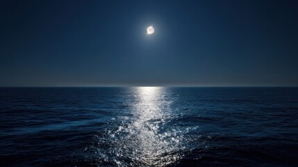 Wall Mural - A brilliant full moon casts a shimmering reflection on tranquil ocean waters during a clear night, evoking a sense of peace and wonder in the vast expanse.