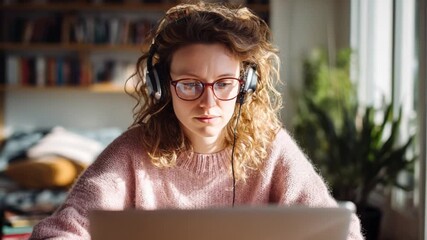 Focused Work: A woman engrossed in her work at a laptop, her expression a portrait of concentration. The headphones on her head suggesting a deeper focus on her tasks.