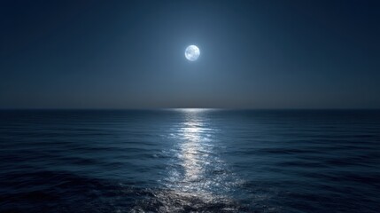 Wall Mural - The calm ocean stretches under a bright full moon, which casts shimmering reflections on the waters surface. A serene night scene invites tranquility and peace.