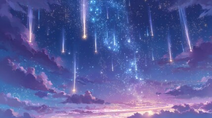 Wall Mural - Shooting stars cascade through a vibrant night sky filled with purple and blue hues. The tranquil landscape below reflects the magical atmosphere during twilight hours.