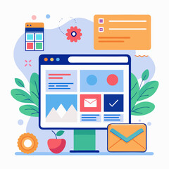 Website design with computer screen and various icons