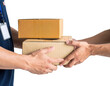 © TransPicHub - Two hands exchanging cardboard boxes, symbolizing delivery and logistics between a sender and recipient.