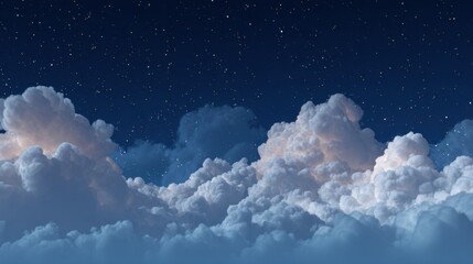 Wall Mural - A serene night sky adorned with numerous bright stars, while fluffy clouds gently reflect the soft glow of the moon, creating a tranquil atmosphere.