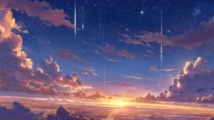 Wall Mural - As the day transitions to night, colorful clouds fill the sky while falling stars create a magical display above a bustling city. The horizon glows with a warm sunset.