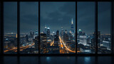 Panoramic view of a sprawling city skyline at night seen through large office building windows