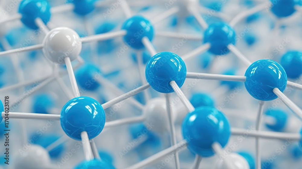 Abstract 3D network of interconnected blue and white spheres, glossy ...