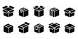 © shiuli - Collection of ten black isometric cardboard box icons on white background package shipping