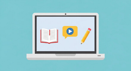 Online education concept with laptop, book, video, and pencil on blue background, symbolizing digital learning and remote study