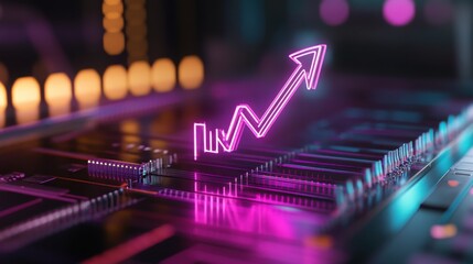 Wall Mural - Neon-lit digital chart with an ascending arrow and tech interface, representing analytics and growth