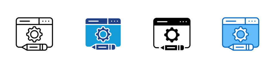 Web Development Multiple Style Icon Design Vector - Browser window with gear and pencil, symbolizing coding, website building, and digital tools