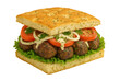 © Michael - Savory meatball sandwich with focaccia, crisp lettuce, ripe tomato slices, breaded onion rings, drizzled with creamy sauce on transparent backdrop