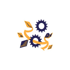 Abstract concept of gears and data flow, representing technology and information.