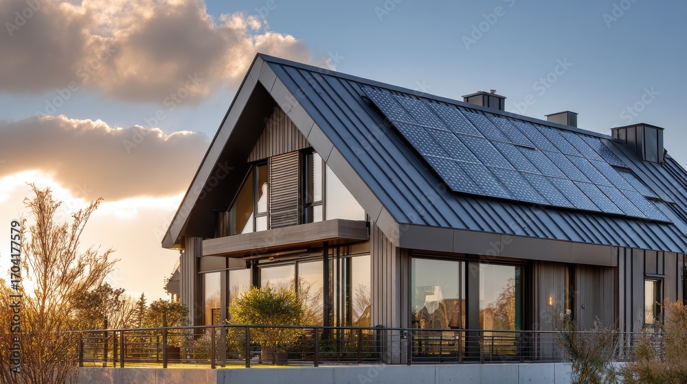 Close-up of new suburban house with a photovoltaic system on the roof ...
