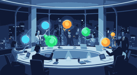 Business professionals in a futuristic boardroom interacting with holographic data visualizations during a meeting at night.